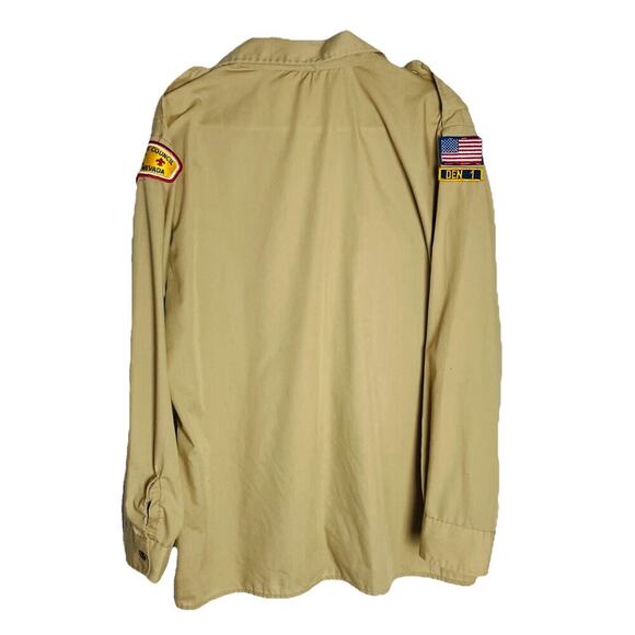 BSA Boy Scouts of America Shirt Mens L Tan Pins Sewn In Patches Golden Empire - Picture 3 of 14